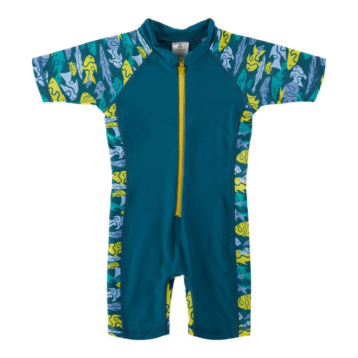Toddler sun suit with a pattern of colorful sea life on a teal background, featuring a front zipper and yellow accents.