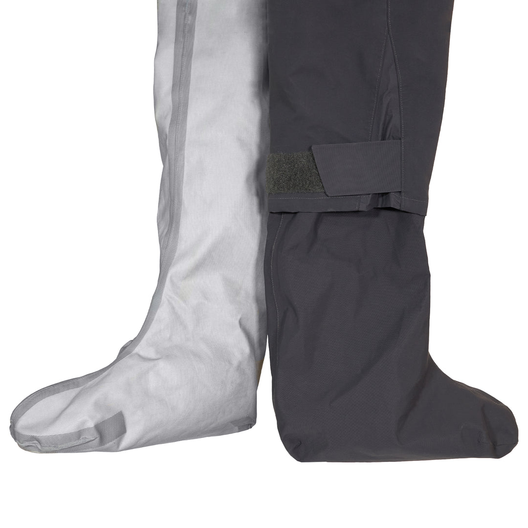 A side-by-side comparison of two drysuit socks. The left sock is partially transparent, showing the inner structure and the right sock is solid, likely the replacement option offered by the service.