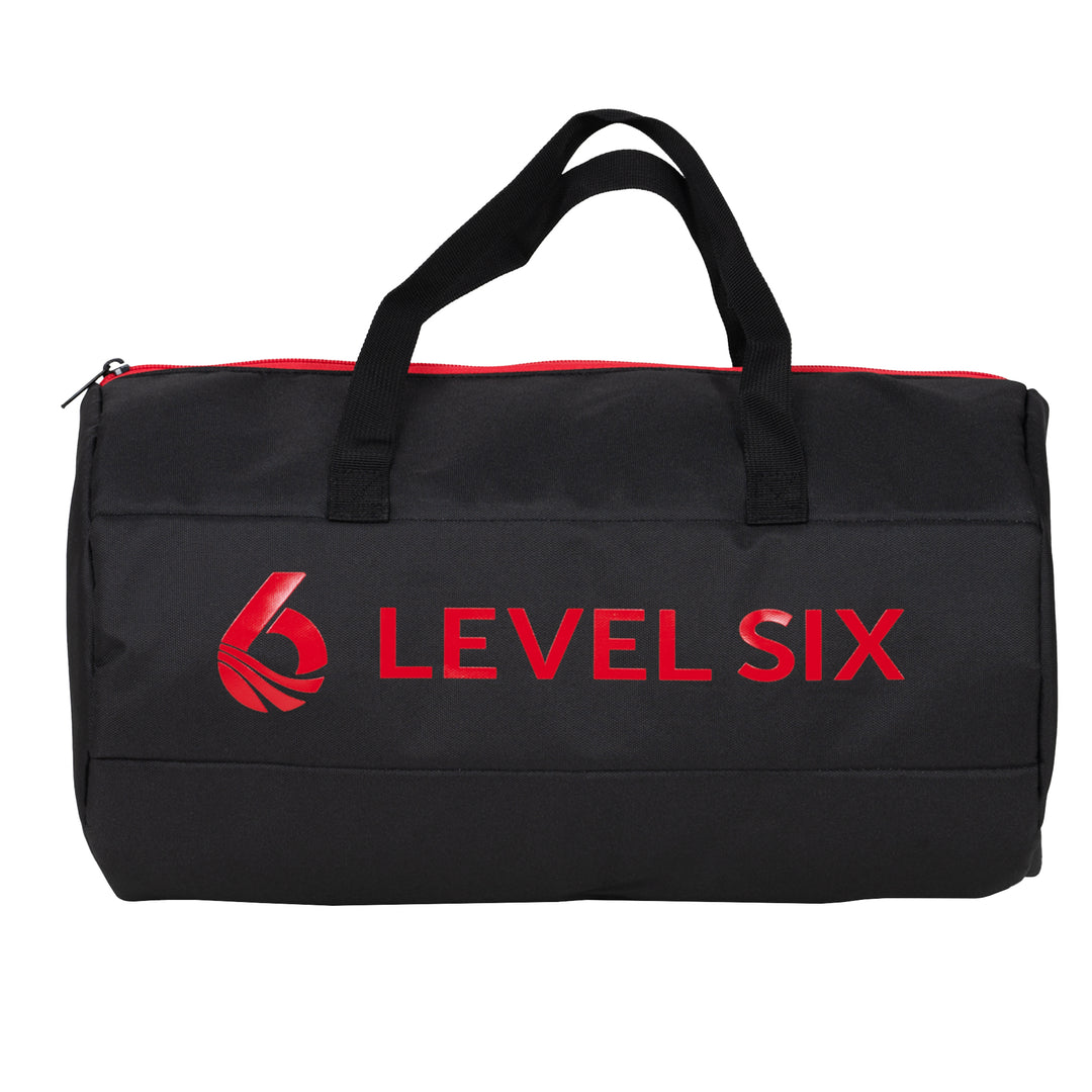 A black dry bag with red trim and the 'LEVEL SIX' logo in red on the side, featuring two carry handles and a zipper closure.