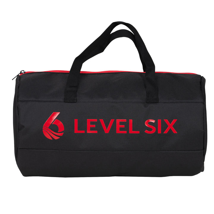 A black dry bag with red trim and the 'LEVEL SIX' logo in red on the side, featuring two carry handles and a zipper closure.