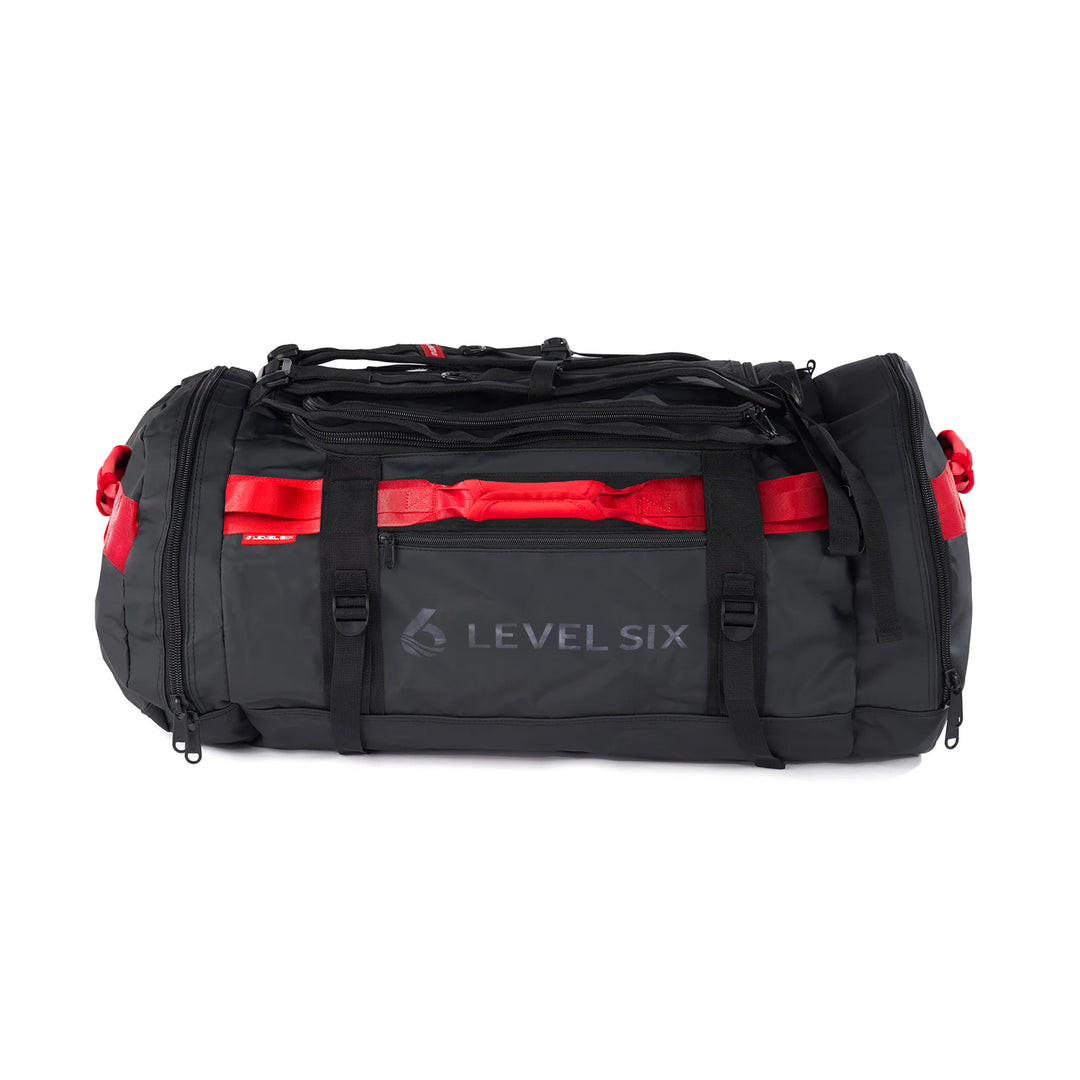 A black and red Portage duffel gear bag with large ventilating mesh panels and multiple handles.