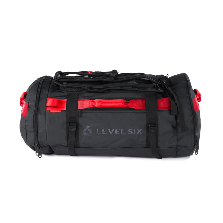 A black and red Portage duffel gear bag with large ventilating mesh panels and multiple handles.