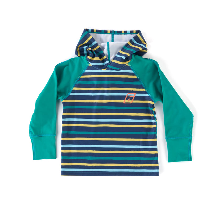 A boy's sun protection hoody with long sleeves, hood, and striped pattern in blue, green, and yellow tones.
